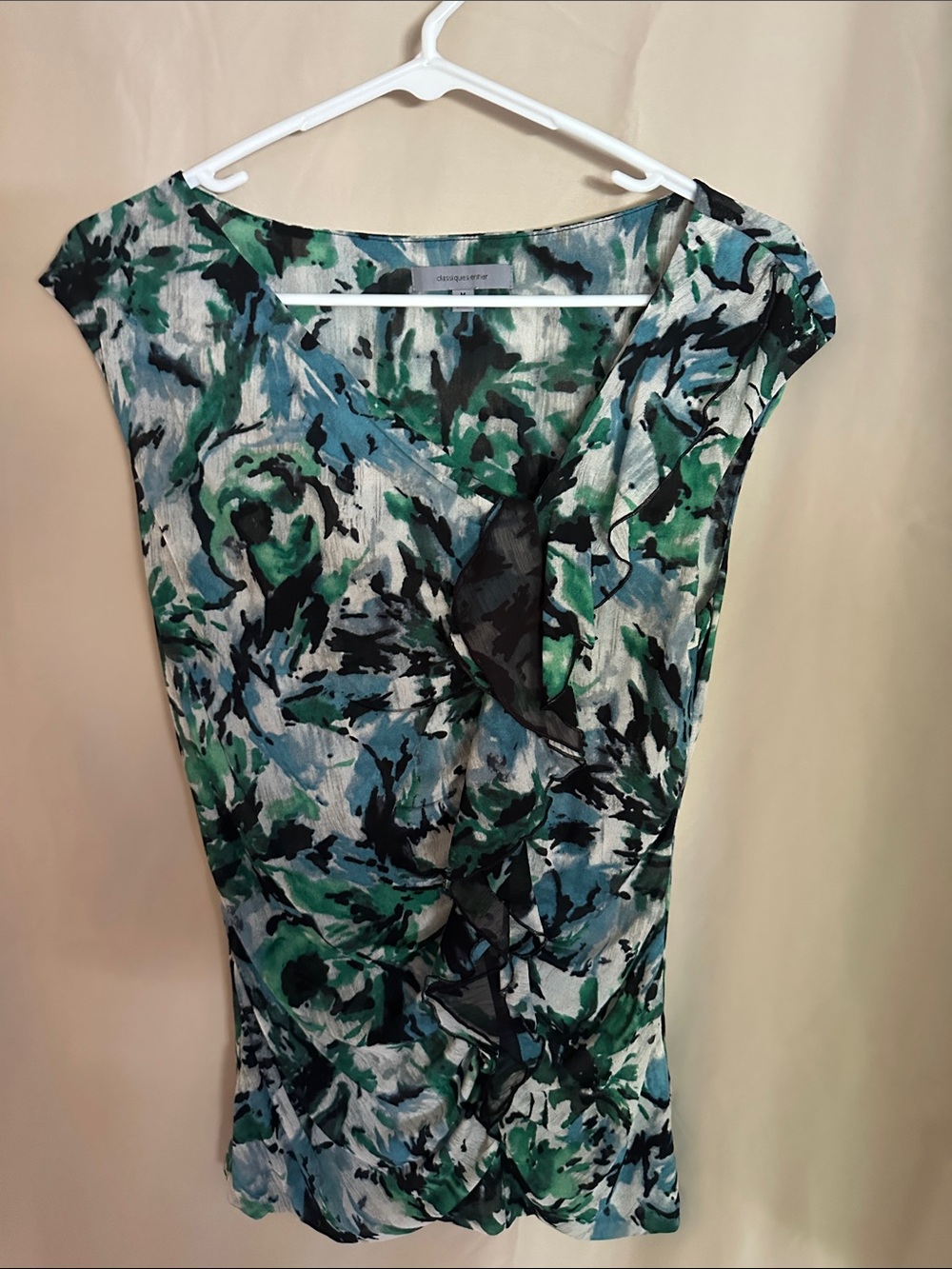 Classiques Entier Green and Blue Floral Wrap-Style Blouse